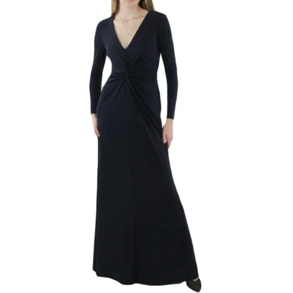 LAUREN RALPH LAUREN Evening Gown 12 Navy Blue V-Neck Maxi Dress Knot Front NWT - Picture 1 of 9